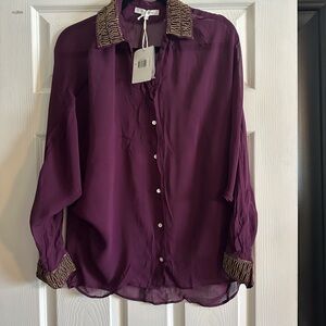 OndadeMar Beaded Neckline and Sleeve Cuffs Button Down Shirt